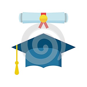 Graduation cap and diploma scroll icon vector illustration in fl