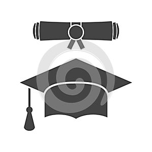 Graduation cap and diploma scroll icon vector illustration in fl