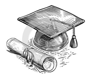 Graduation cap and diploma in sketch style. Academic degree, education concept. Vintage illustration