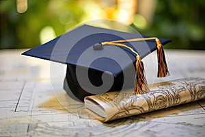 Graduation cap and diploma on the table. Education concept