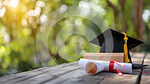 Graduation cap and diploma on wood table with bokeh background, Generative AI illustrations