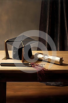 graduation cap and diploma on wooden table