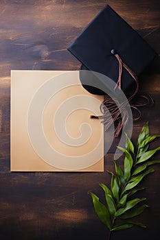 Graduation Cap and Diploma on Wooden Table