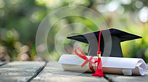 Graduation cap and diploma on wooden table with blur nature background, Generative AI illustrations