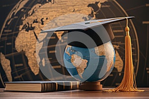 Graduation cap and Earth globe for business study Global education