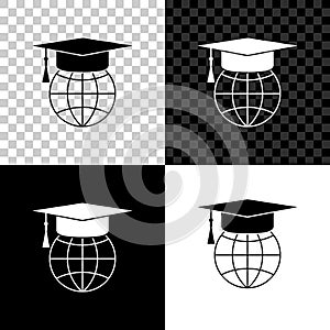 Graduation cap on globe icon isolated on black, white and transparent background. World education symbol. Online