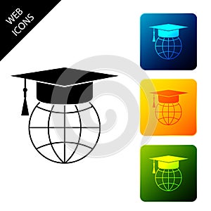 Graduation cap on globe icon isolated. World education symbol. Online learning or e-learning concept. Set icons colorful