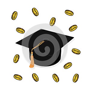 Graduation cap with gold coin isolated on white background