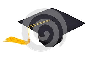 Graduation cap with gold tassel isolated on white background wit
