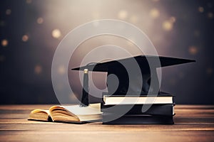 graduation cap, hat with books on wood table and blurred background. Empty ready for your product display or montage