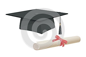 Graduation cap hat and certificate university academy diploma college bachelor prom icon element flat cartoon design