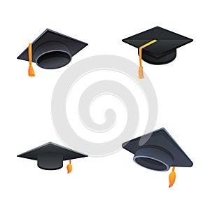 Graduation cap icons set cartoon vector. Black cap of graduation university