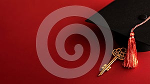 Graduation cap and key on red background