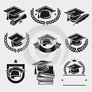 Graduation cap labels set. Vector