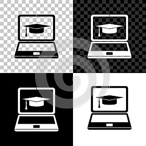 Graduation cap and laptop icon isolated on black, white and transparent background. Online learning or e-learning