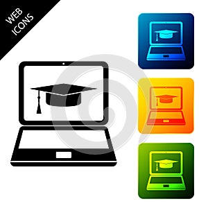 Graduation cap and laptop icon isolated on white background. Online learning or e-learning concept icon. Set icons