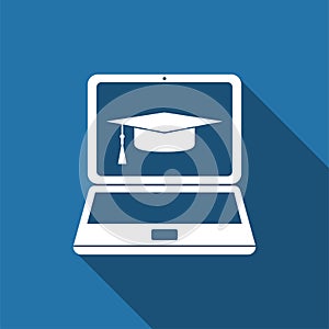 Graduation cap and laptop icon. Online learning or e-learning concept icon isolated with long shadow