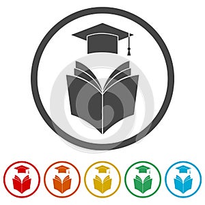 Graduation cap over open Book icon, Education icon, 6 Colors Included