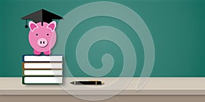 Graduation cap with piggy bank, pen, books and table on black chalkboard background. Concept for business education.
