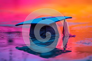 Graduation cap with pink tassel on reflective water, colorful twilight sky. Graduation time in educational institutions.