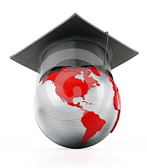 Graduation cap on red and gray colored globe. 3D illustration