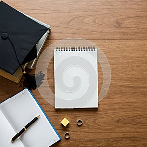 Graduation cap rests on a closed stack of books on a wooden surface. An open