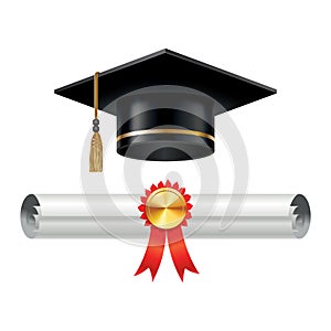 Graduation cap and rolled diploma scroll with stamp. Finish education concept. Academic hat with tassel and university