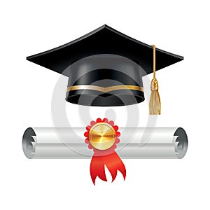Graduation cap and rolled diploma scroll with stamp. Finish education concept. Academic hat with tassel and university
