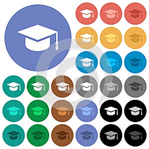 Graduation cap round flat multi colored icons