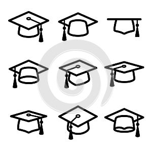 Graduation cap set. Collection icon graduation cap. Vector