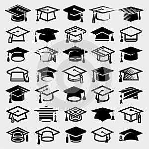 Graduation cap set. Collection icon graduation cap. Vector photo