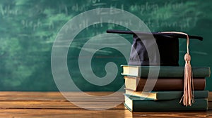 Graduation cap on stack of books in classroom, education concept