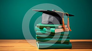 Graduation cap on stack of books on green background.