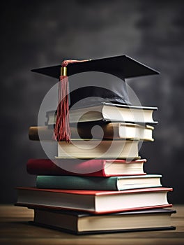 Graduation cap on stack of books on grunge background