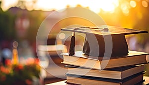 Graduation Cap on Stack of Books in Sunset Light â AI Generated Education Concept