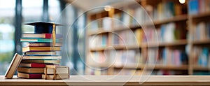 The Graduation Cap on a Stack of Colorful Books in a Library Setting.AI generated image