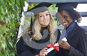 Graduation cap, students and women for university achievement, success and celebration of diploma or certificate
