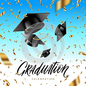 Graduation cap thrown up and golden foil confetti on a blue sky background.