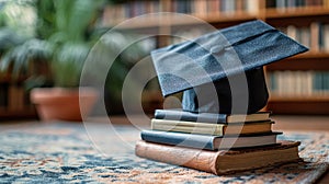A graduation cap on top of a stack of books against a brown wall background. AI Generated