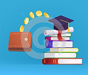 Graduation cap, wallet, stack of books and coins