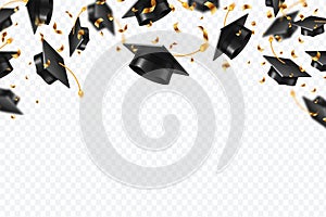 Graduation caps confetti. Flying students hats with golden ribbons isolated. University, college school education vector