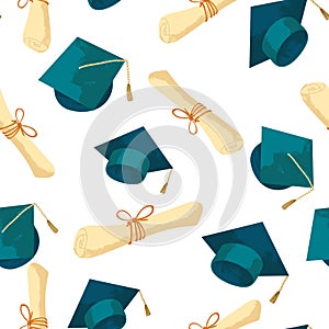 Graduation caps with diploma hand drawn seamless pattern. Vector repeated background with academic hat and diploma