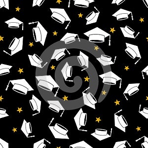 Graduation caps seamless pattern. Hats thrown up. Grad ceremony backdrop. Vector template for fabric, textile, wrapping