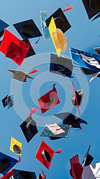 Graduation Caps Soaring in Blue Sky Reflecting Unique Achievements and Personalities