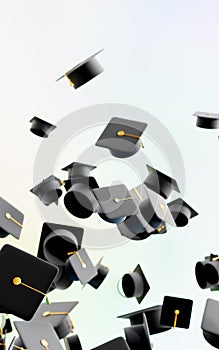 Graduation caps are thrown. A lot of hats are flying up