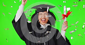 Graduation, celebrate and student with confetti on a green screen for university achievement. African woman with a