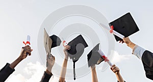 Graduation certificate and group of hands in sky with winning success in college education. Learning, knowledge and