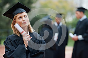 Graduation, certificate and thinking with student woman outdoor on campus for university or college event. Future