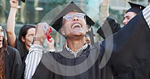 Graduation, cheers or face of happy man on campus for education, achievement or school goal. Class group success