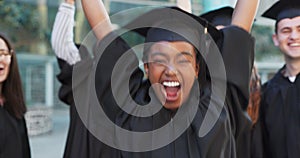 Graduation, cheers or face of happy woman on campus for education, achievement or school goal. Class group success